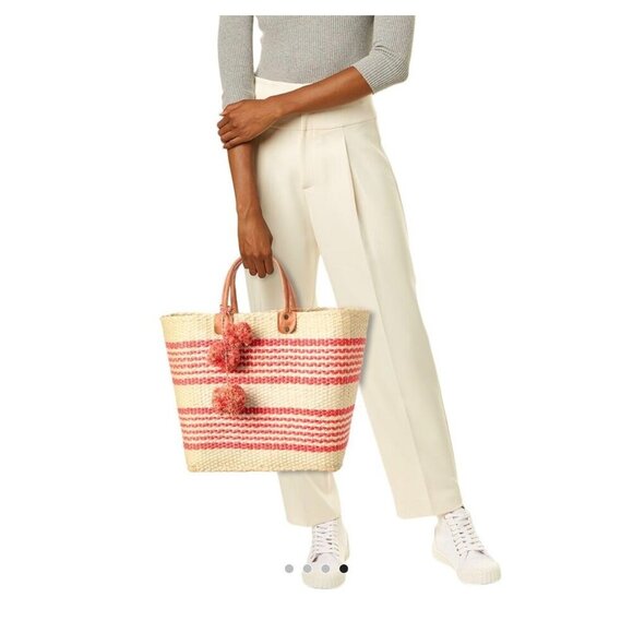Mar Y Sol Handbags - Mar Y Sol Caracas Tote Straw Raffia Pom Pom Beach Tote - Beige/Red